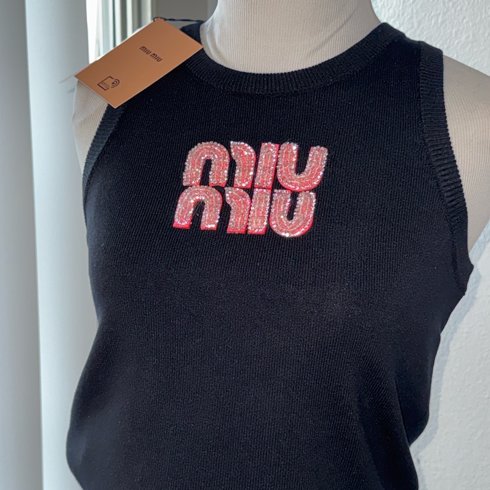 Miu Miu Black Tank Top with Pink Logo - Picture 3 of 3